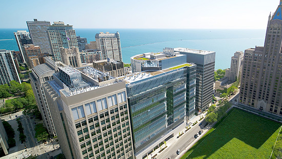 Aerial view of Feinberg research buildings